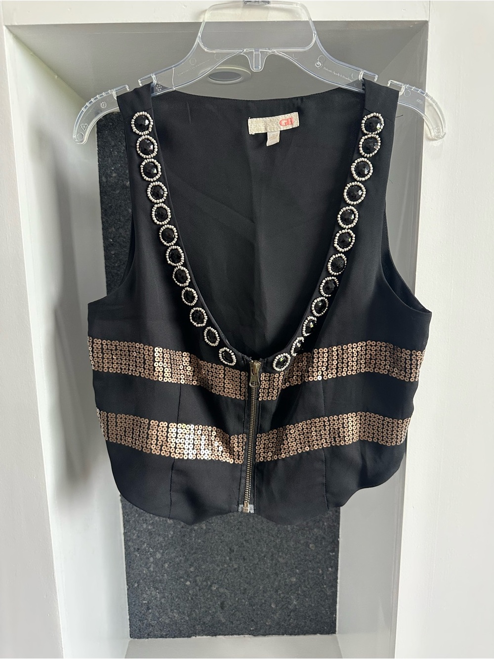GB Black Embellished Sequin Vest – Rhinestone Trim – Size S